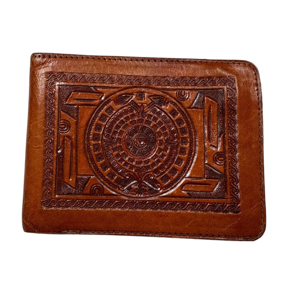 Vintage Cognac Brown Tooled Leather Intricate Mexico Made Billfold Zipper Wallet